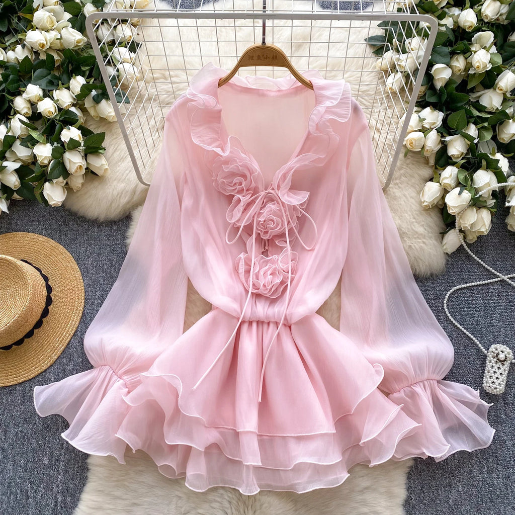 Robe Courte Femme Fleurs 3D Manches Longues Laçage Volants Mousseline – Vintage Bohème Sexy | Plage Été