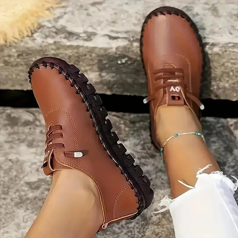 Sneakers Plateforme Loafers Lacets Cuir Femme 2024 – Flat Slip-On Casual Mom Shoe Printemps
