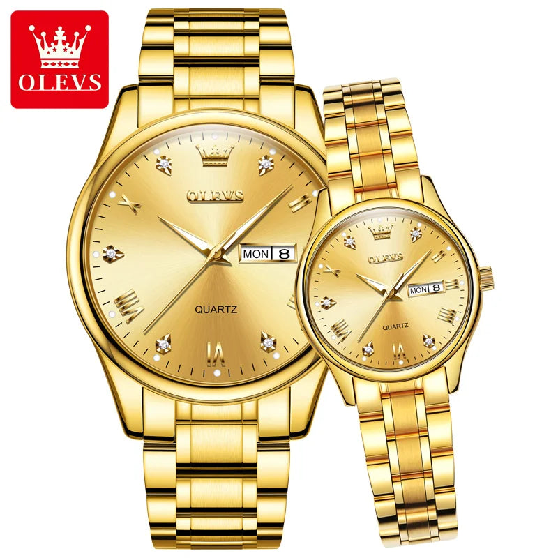 Paar-Uhr OLEVS Gold Luxus Quarz – Stahl Leuchtend Wasserdicht Datum Wochentag Trend