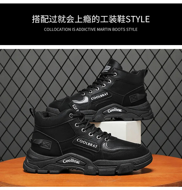 Boots Moto High Top Homme Plateforme 2026 – Noir Lacets Cuir Chaud Outdoor Bota