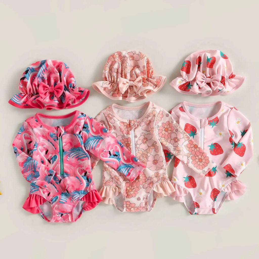 Maillot de Bain Bébé Fille Combinaison Zipper – Imprimé Flamant Rose Fleurs Manches Longues + Bandeau Été
