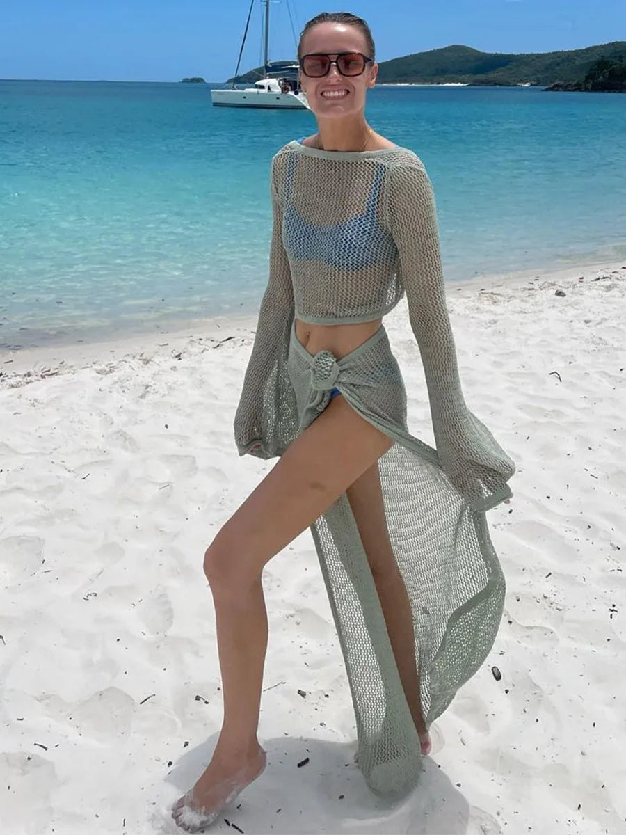 Ensemble 2 Pièces Tricoté Ajouré Femme – Top + Jupe Portefeuille Fente Élégante | Été Plage Vacances
