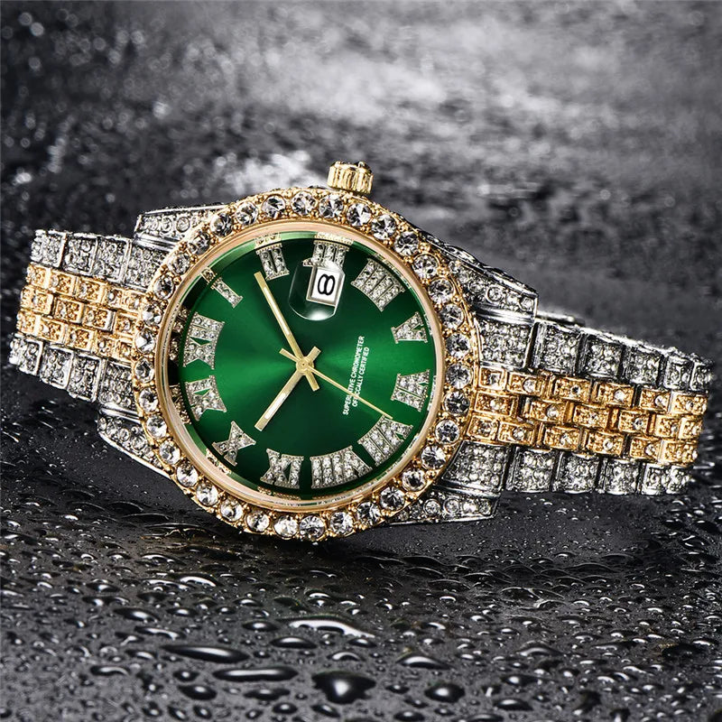 Montre Homme Hip Hop Diamant Fashion Bracelet Alliage Dorée Luxe Date Quartz Tendance Streetwear Bling | Montre Hip Hop Diamant Dorée Premium