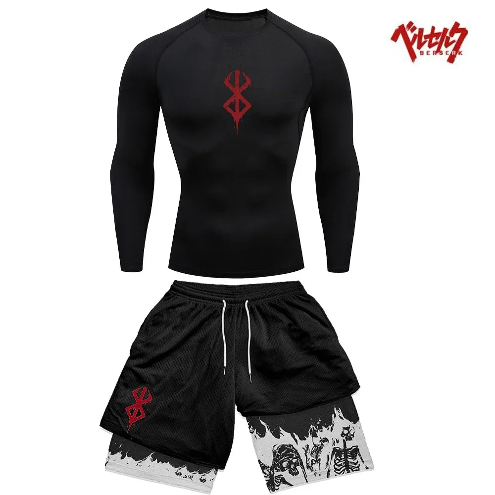 Ensemble Compression Homme Anime Berserk – T-Shirt + Short Gym Séchage Rapide | Running, Fitness & Workout Été | Sportswear Manga
