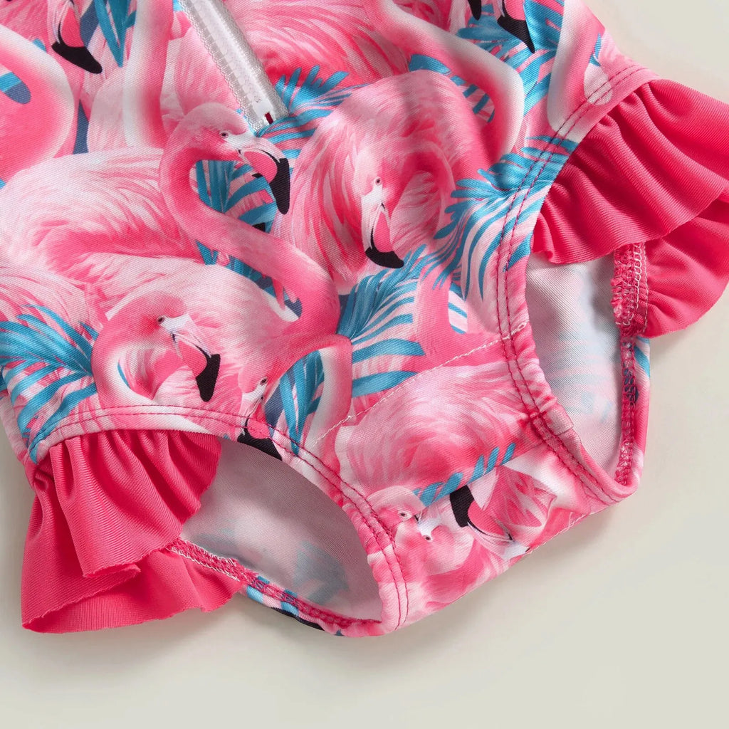 Maillot de Bain Bébé Fille Combinaison Zipper – Imprimé Flamant Rose Fleurs Manches Longues + Bandeau Été
