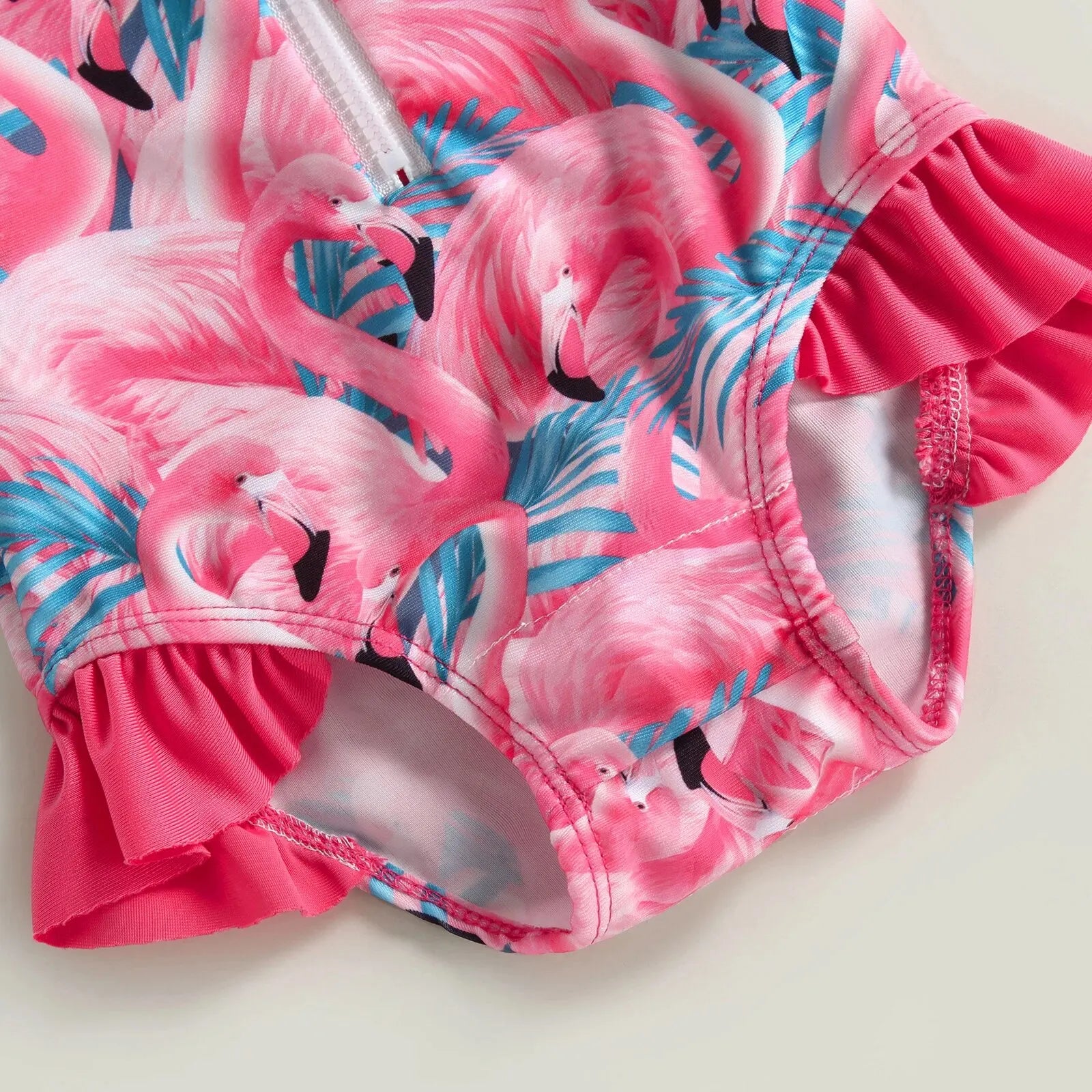 Maillot de Bain Bébé Fille Combinaison Zipper – Imprimé Flamant Rose Fleurs Manches Longues + Bandeau Été