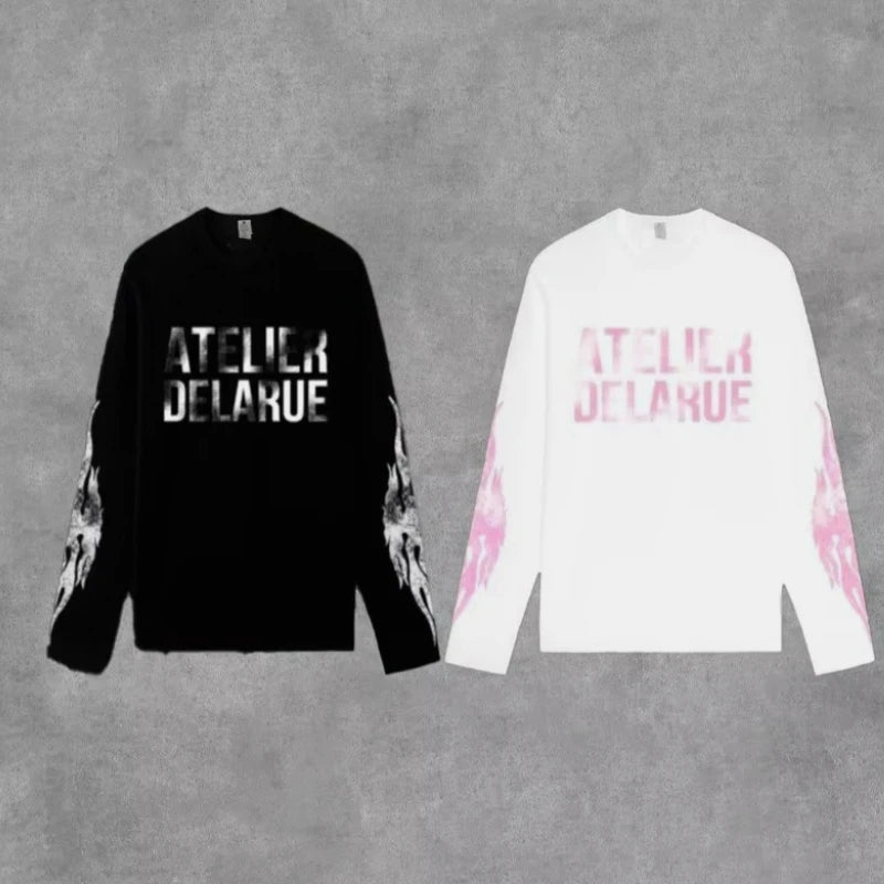 Sweat Unisexe Y2K Harajuku Rétro Manches Longues Imprimé Flamme Lettres Oversize – Streetwear Casual Confortable | Mode Homme & Femme