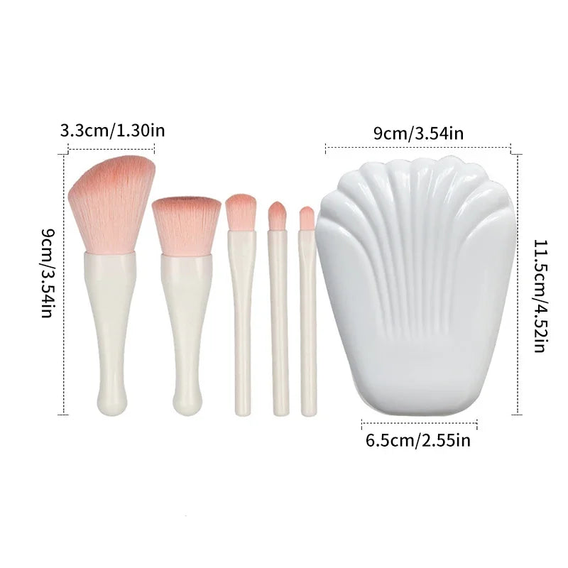 Set 5 Pinceaux Maquillage Coquillage Portable avec Miroir HD – Poils Doux, Lèvres & Retouches | Trousse Cosmétique Complète