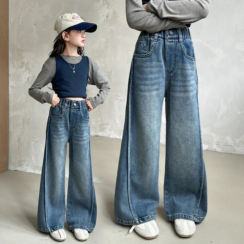 Jean Large Fille Taille Haute Bleu Foncé – Pantalon Denim Jambe Large Retroussable Enfant 4-14 Ans