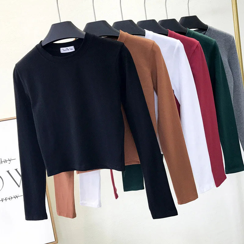 Top Femme Sexy Col Rond Manches Longues Découpe Nombril Basique – Mode Casual & Tendance | Automne