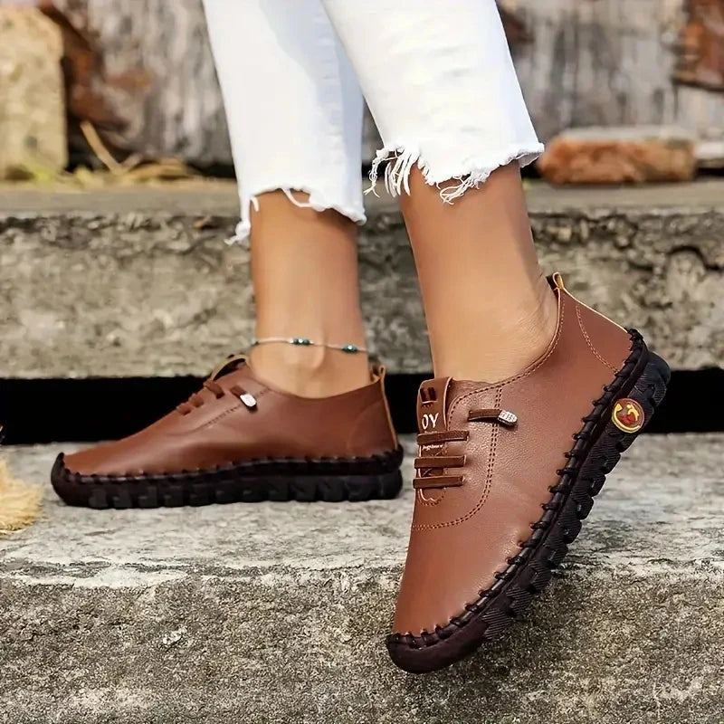 Sneakers Plateforme Loafers Lacets Cuir Femme 2024 – Flat Slip-On Casual Mom Shoe Printemps