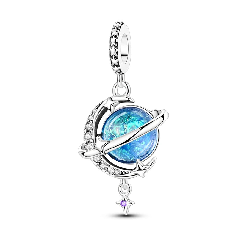 Charm Argent 925 Bleu Rotatif – Œil Démon, Main, Lune & Ciel Étoilé | Perle Pendentif Bracelet Femme | Bijou Spirituel & Mystique