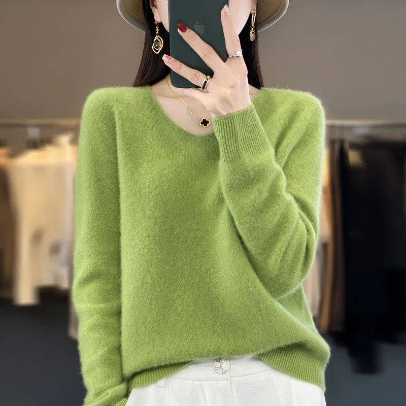 Pull Cachemire 100% Laine Col V Femme - Tricot Casual Korean Fashion Automne Hiver