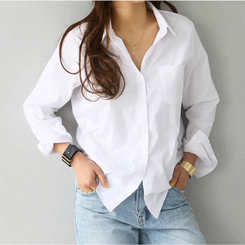 Chemisier Blanc Coton Femme – Manches Longues Style Bureau Casual | Élégant & Polyvalent