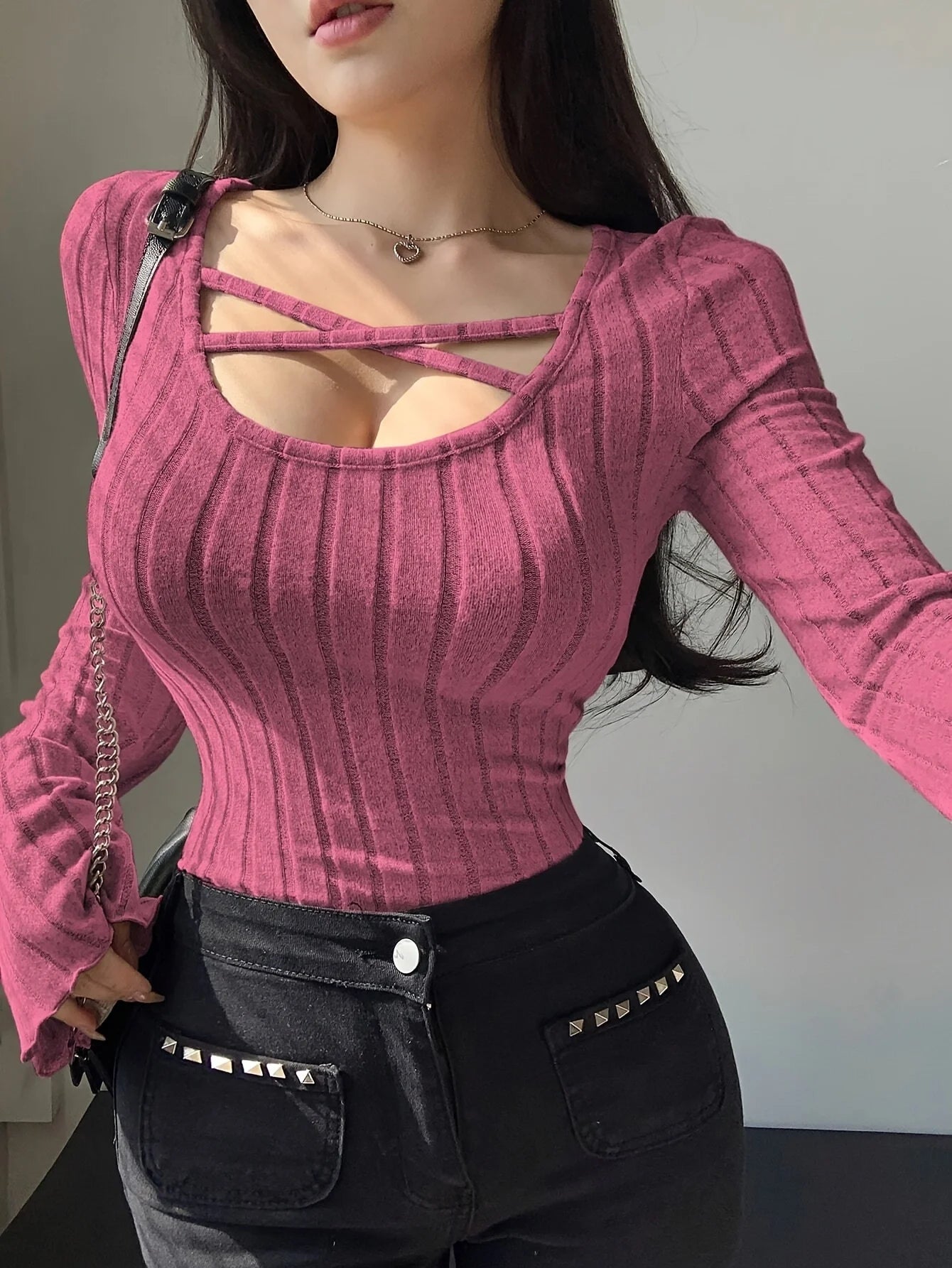 Damen Strick-Top Quadratischer Ausschnitt Langarm Überkreuzte Träger Gerippt Schmale Passform Casual – T-Shirt Streetwear Herbst Winter | Mode