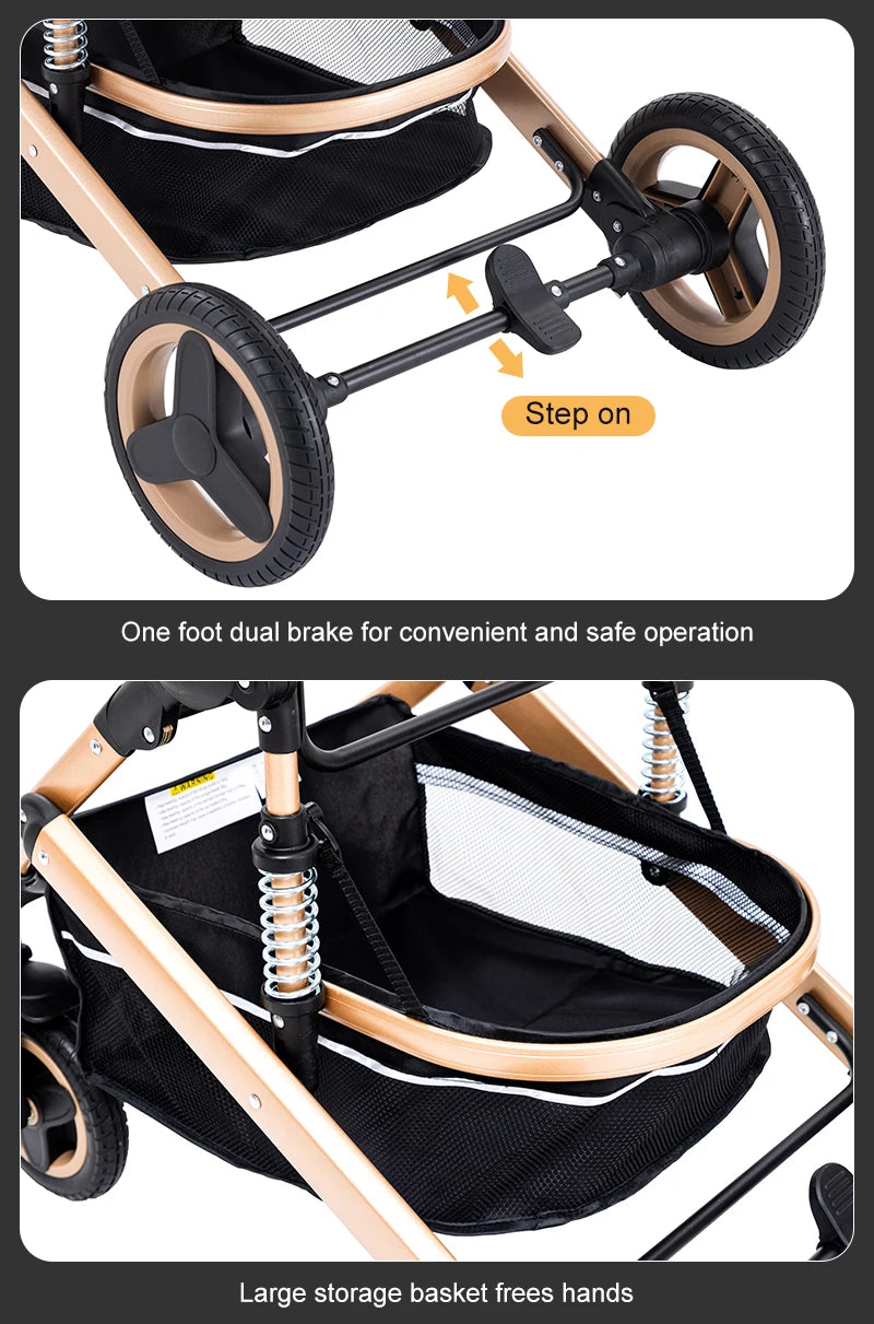 Poussette Bébé 3 en 1 Luxe Pliable Noire – Cadre Aluminium, Haute Vue, Nacelle & Siège | Voyage Nouveau-Né & Nourrisson