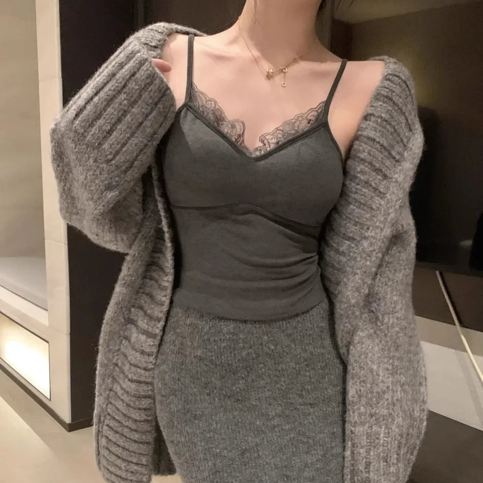 Camisole Dentelle Crop Top Femme Sans Manches – Style Coréen Coquette | Blanc Noir Y2K Été