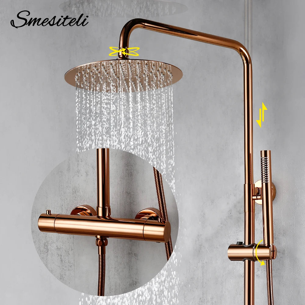 Ensemble Douche Thermostatique Mural Rose Gold – Laiton, Pommeau Pluie & Mitigeur | Système Douche Luxe Salle de Bain