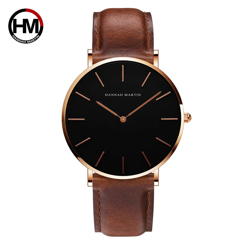 Montre Homme Hannah Martin Quartz Japonais – Bracelet Cuir Marron Argenté Étanche Fashion