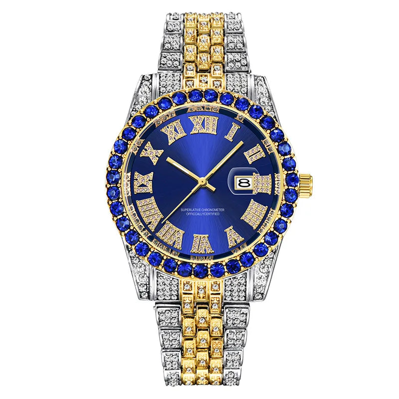 Montre Homme Hip Hop Diamant Fashion Bracelet Alliage Dorée Luxe Date Quartz Tendance Streetwear Bling | Montre Hip Hop Diamant Dorée Premium