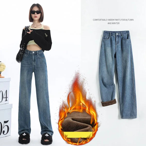 Damen-Jeans Warme Fleece-Hose Gerader Schnitt Schmal Samtig Weich Vintage – Bequeme gefütterte Denim-Hose | Winter