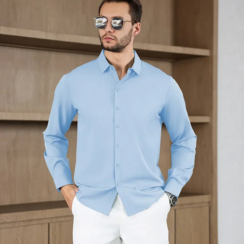 Chemise Homme Business Casual Manches Longues Couleur Unie Anti-Froissage – Confortable Toutes Saisons Polyvalente | Mode Homme Élégant