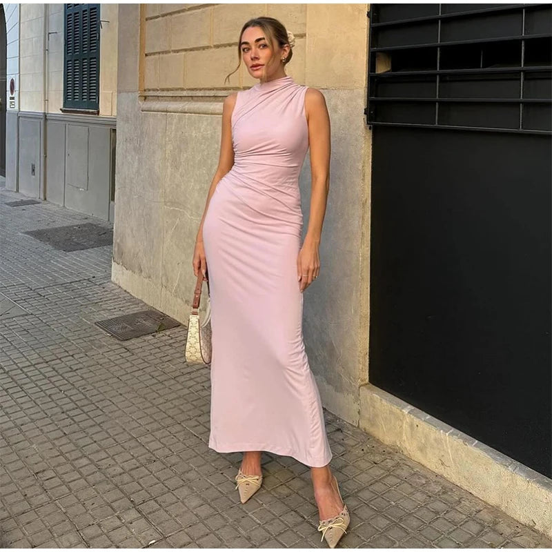 Damen Maxikleid Weiß Plissiert Ärmellos Rundhals – Schlank Machend Elegant | Sommerabend