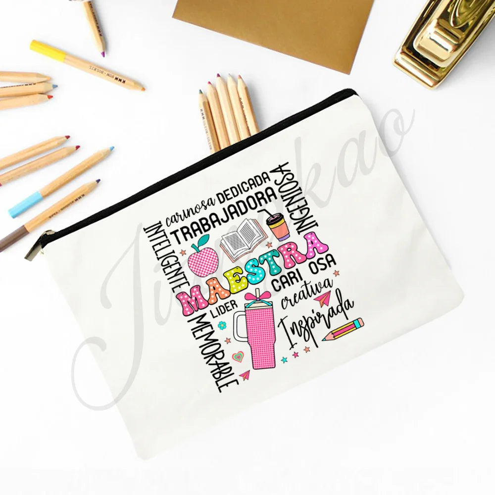 Trousse Maquillage Maestra Imprimé Coeur Espagnol – Organisateur Voyage & Crayon | Cadeau Enseignante