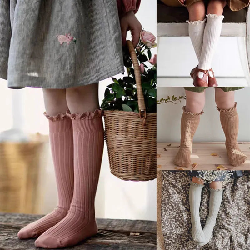 Chaussettes Hautes Fille à Volants Dentelle Fleur – Coton Doux Princesse 0-8 Ans
