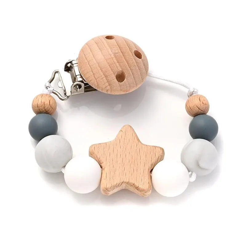 Attache-Tétine Bébé Perles Silicone & Bois Étoile – Chaîne Anneau Dentition Jouet À Mâcher Cadeau Naissance