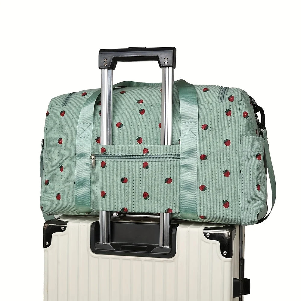 Sac de Voyage Fraise Velours Côtelé – Grande Capacité Bandoulière Léger Sport Fitness Bagage