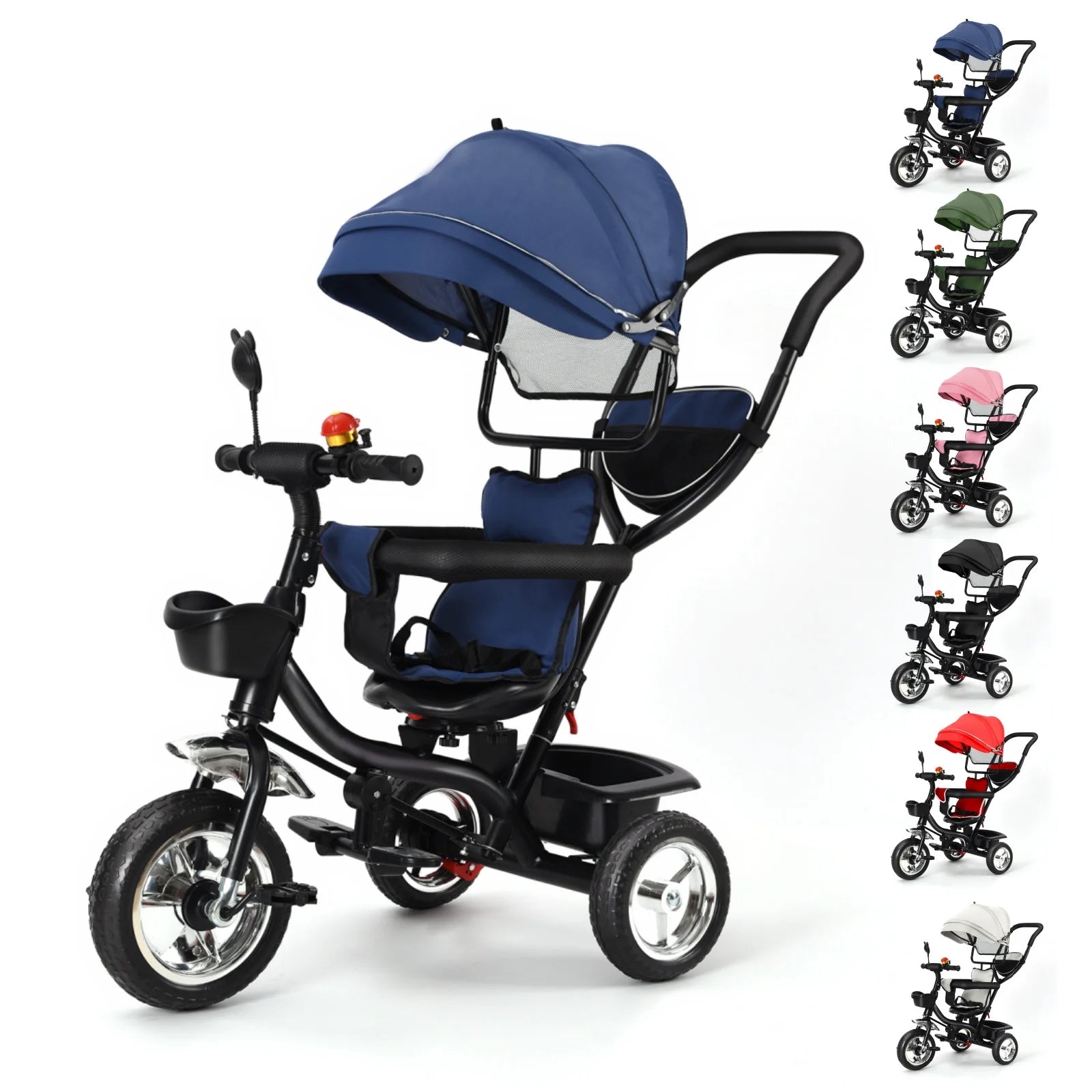 Tricycle Bébé Dès 9 Mois jusqu'à 25 Kg – Barre de Poussée, Siège Rotatif, Auvent Solaire, Porte-Gobelet & Panier | Évolutif