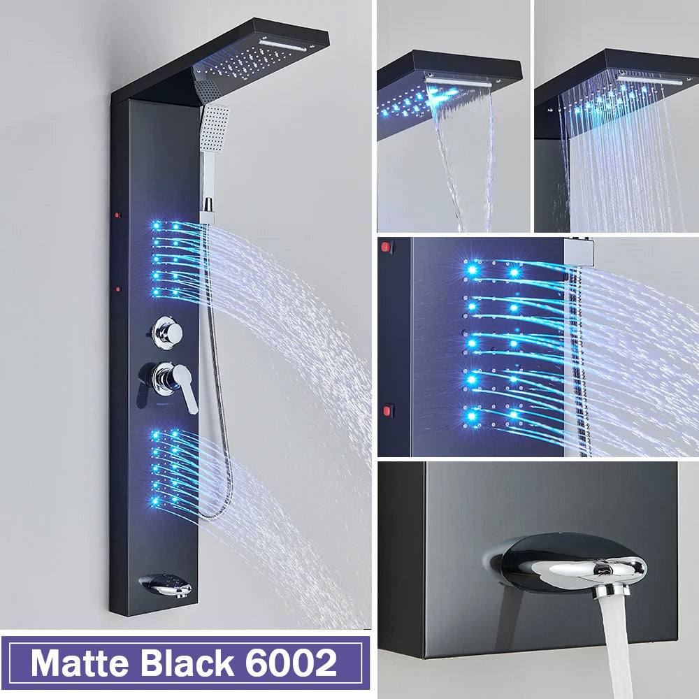 Rozin Colonne Douche Noire LED – 5 Modes dont Jets Massage & Cascade, Pluie, Affichage Digital | Panneau SPA Salle de Bain
