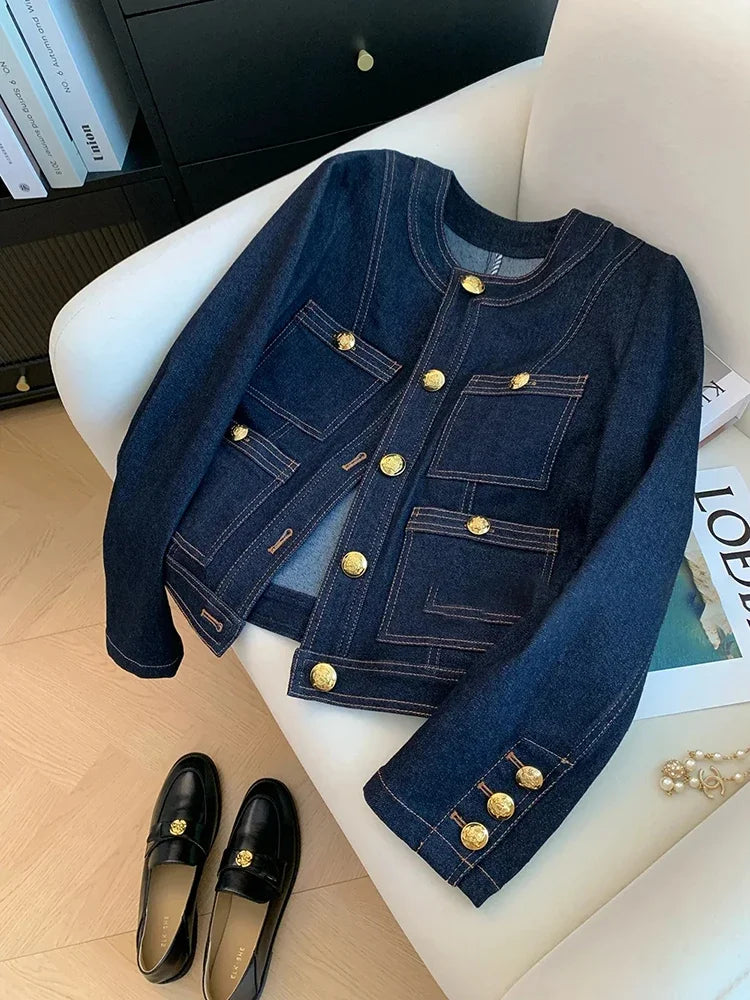 Veste Courte Femme Denim Bleu Col Rond Poches Style Coréen Ample – Mode Chic & Classique | Automne