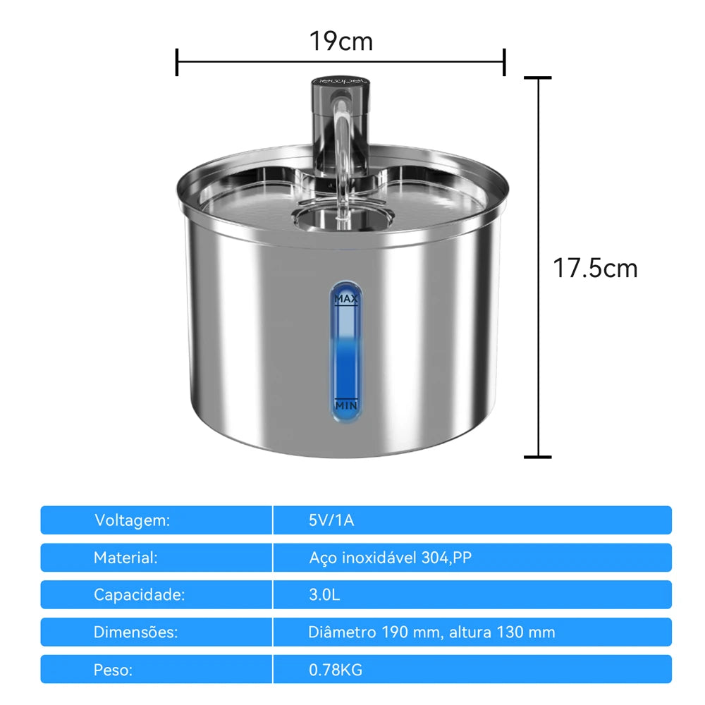 Newpet Fontaine à Eau Chat & Chien 3L – Inox Automatique Ultra Silencieuse | Distributeur avec Filtre