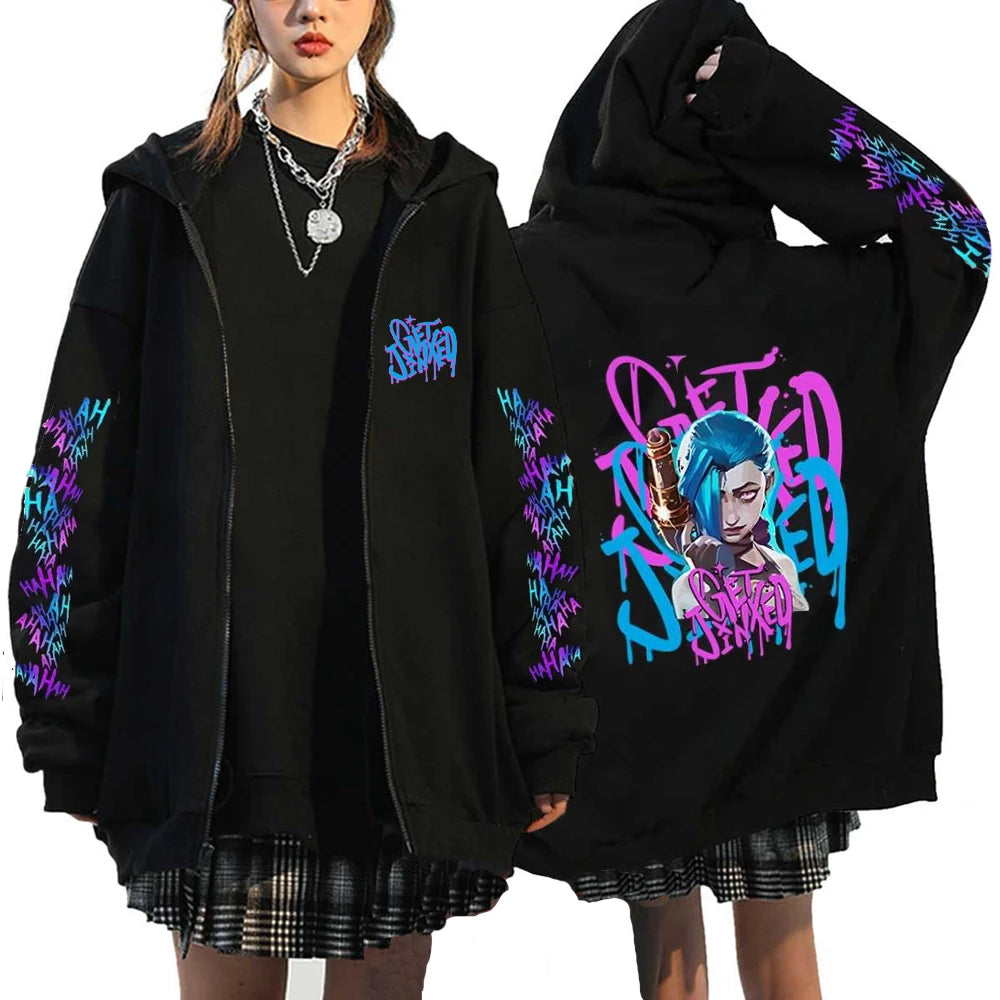 Kapuzenpullover Zip Arcane Jinx Harajuku Anime Graffiti – Streetwear Gothic Unisex Gamer