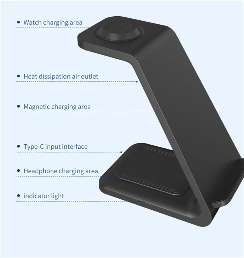 Chargeur 3-en-1 Stand Charge Rapide – iPhone 17-12 Apple Watch 6-8 iWatch AirPods Pro