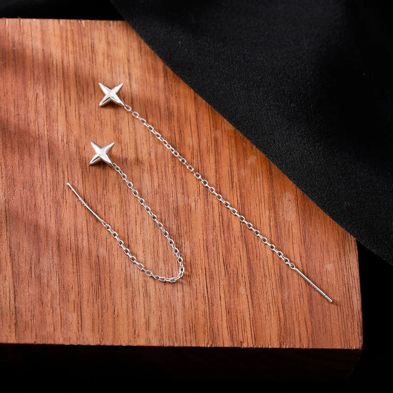 Boucles d'Oreilles Pendantes Longues Chaîne Étoile Argenté – Aiguille Droite Piercing | Style Minimaliste Tendance | Bijou Femme Mode & Soirée