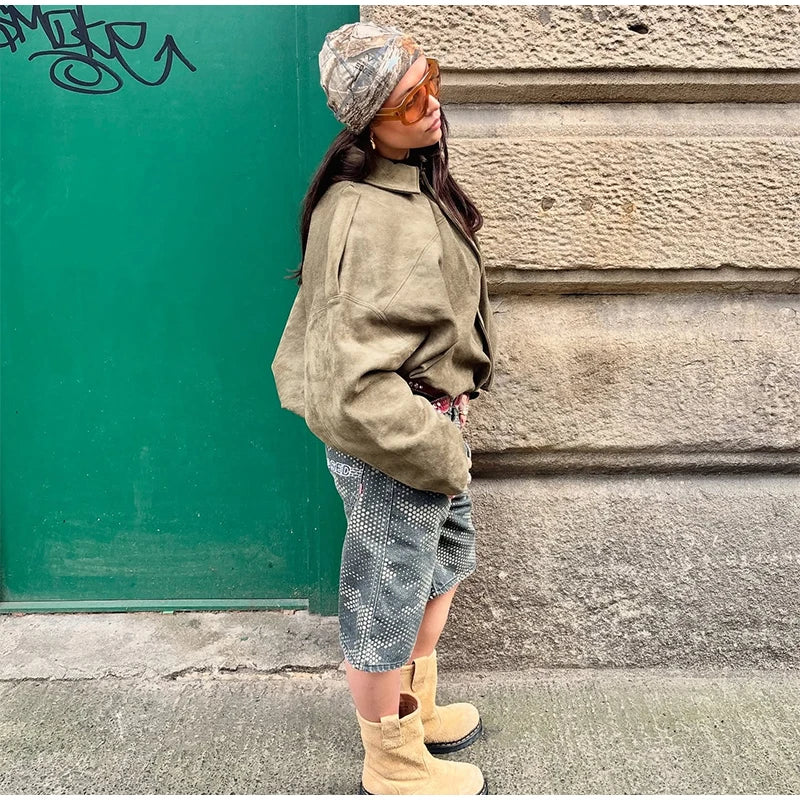 Veste Femme Suède Vert Élégante Manches Bouffantes Revers Fermeture Éclair Ample Plissée – Blouson Court Streetwear Printemps Automne | Mode 2025