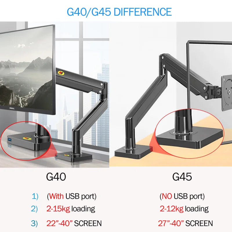 NB G40 Bras Articulé Moniteur 22''-40'' – Ressort à Gaz 360°, 3-15kg, Port USB 3.0 | Support Bureau Pince & Grommet