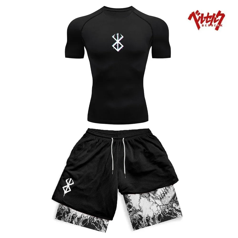 Ensemble Compression Homme Anime Berserk – T-Shirt + Short Gym Séchage Rapide | Running, Fitness & Workout Été | Sportswear Manga