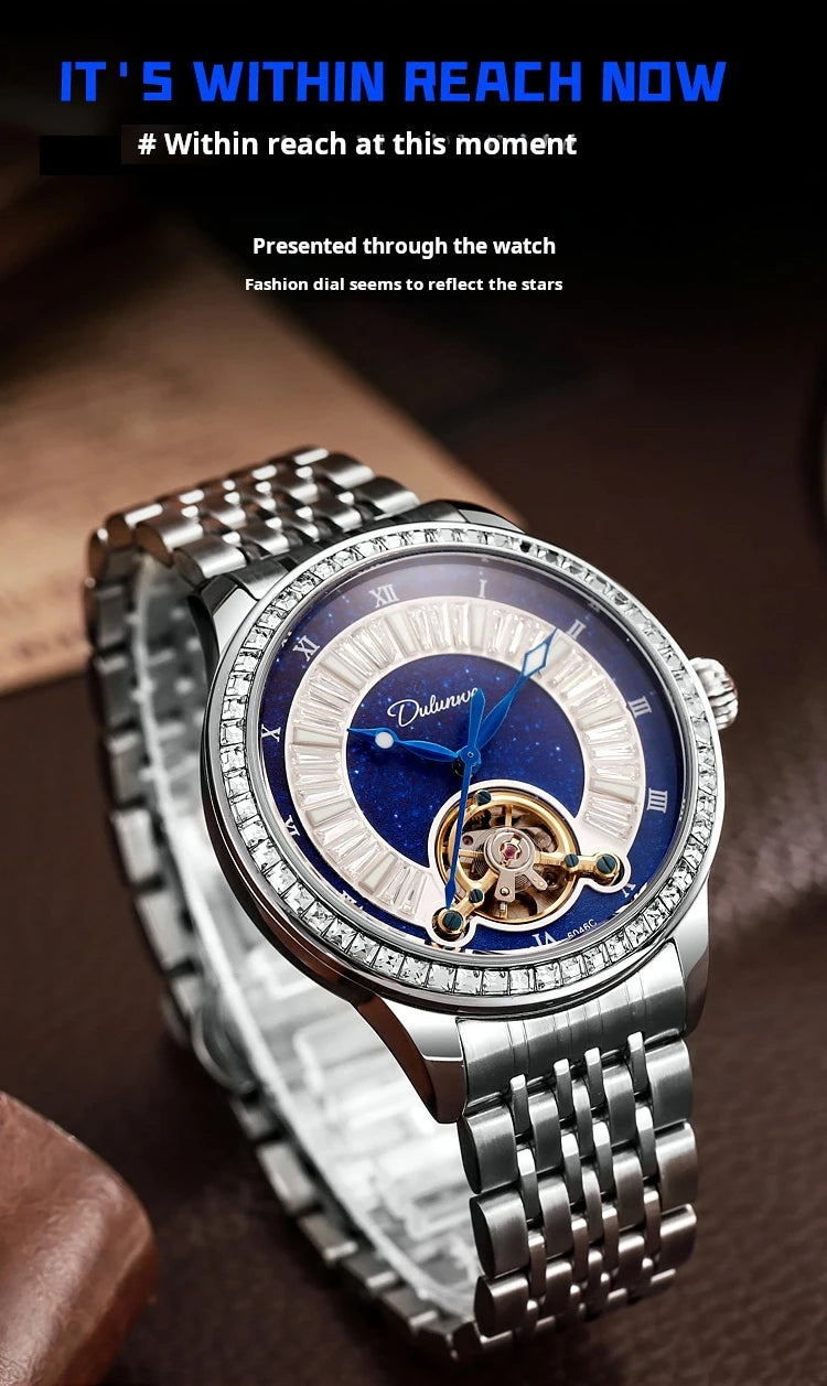 Montre Homme Tourbillon Automatique Mécanique – Cadran Strass Lumineux Sport Étanche Acier