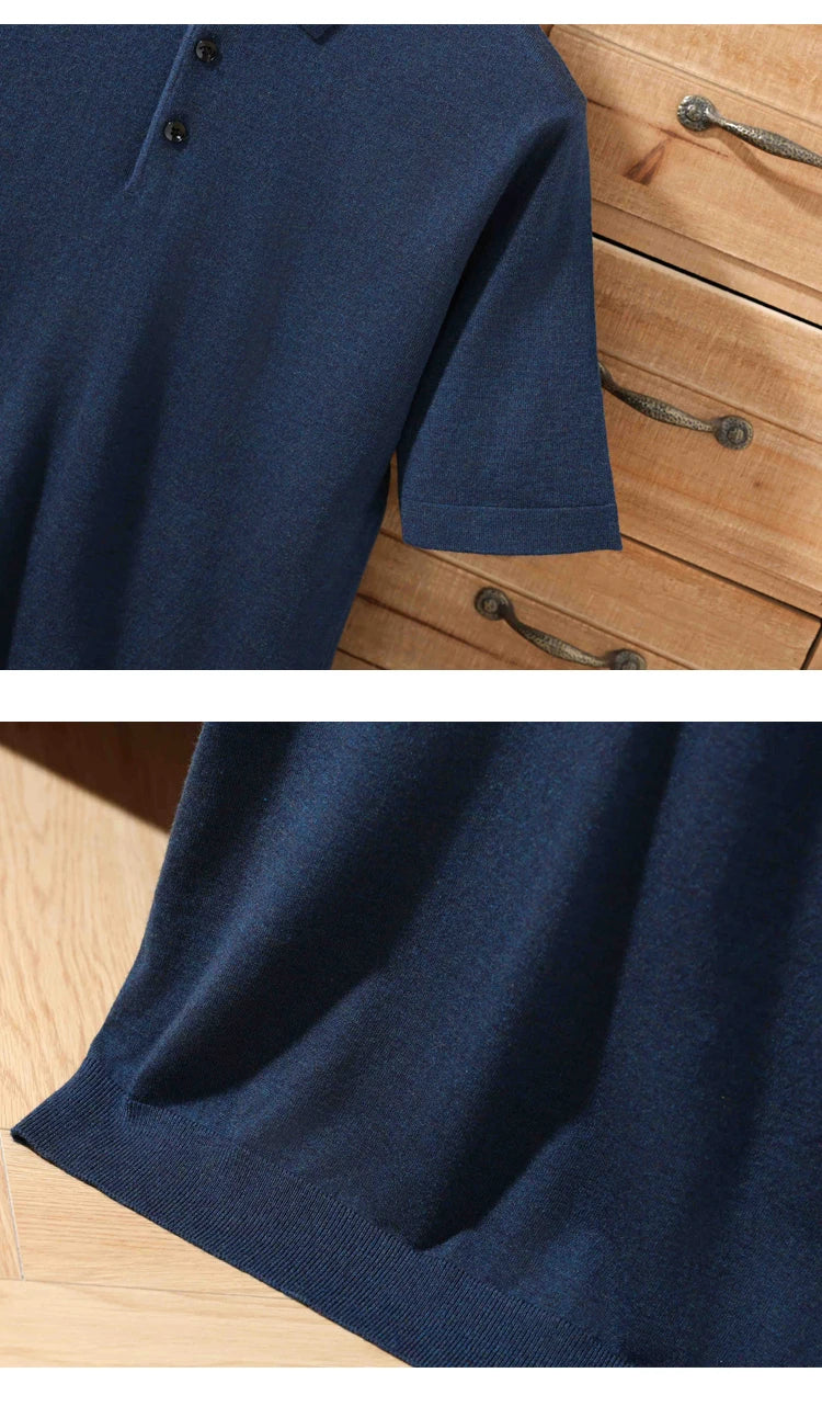 Pull Polo Homme 100% Laine Mérinos – Col Lapierre Manches Courtes Tricoté Loose Été Grande Taille