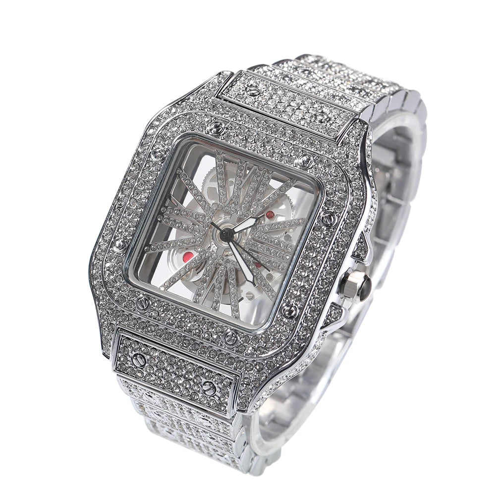 Montre Quartz Transparente Rhinestone Luxe Homme – Cadran Carré Skeleton 35mm Automatique