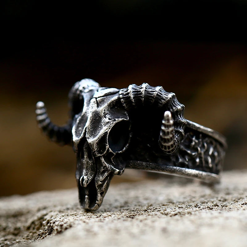 Bague Viking Tête de Bélier Acier Inoxydable 316L — Bijou Homme Vintage Ajustable