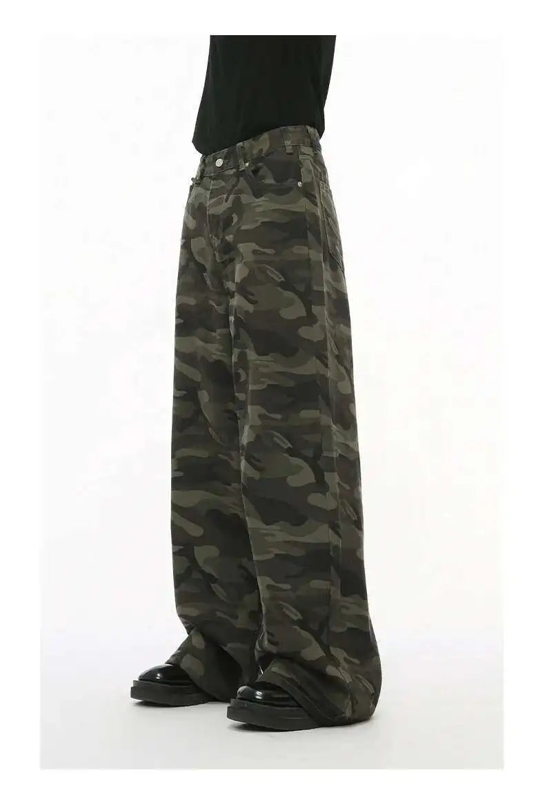 Jean für Herren, Camouflage, Vintage, Washed, weites Bein, Denim, Loose Fit, Casual, Herbst Winter, Hellblau, Streetwear, Trend, Komfortabel – Premium Camo Wide Leg Jeans | Herrenmode Denim Premium Streetwear