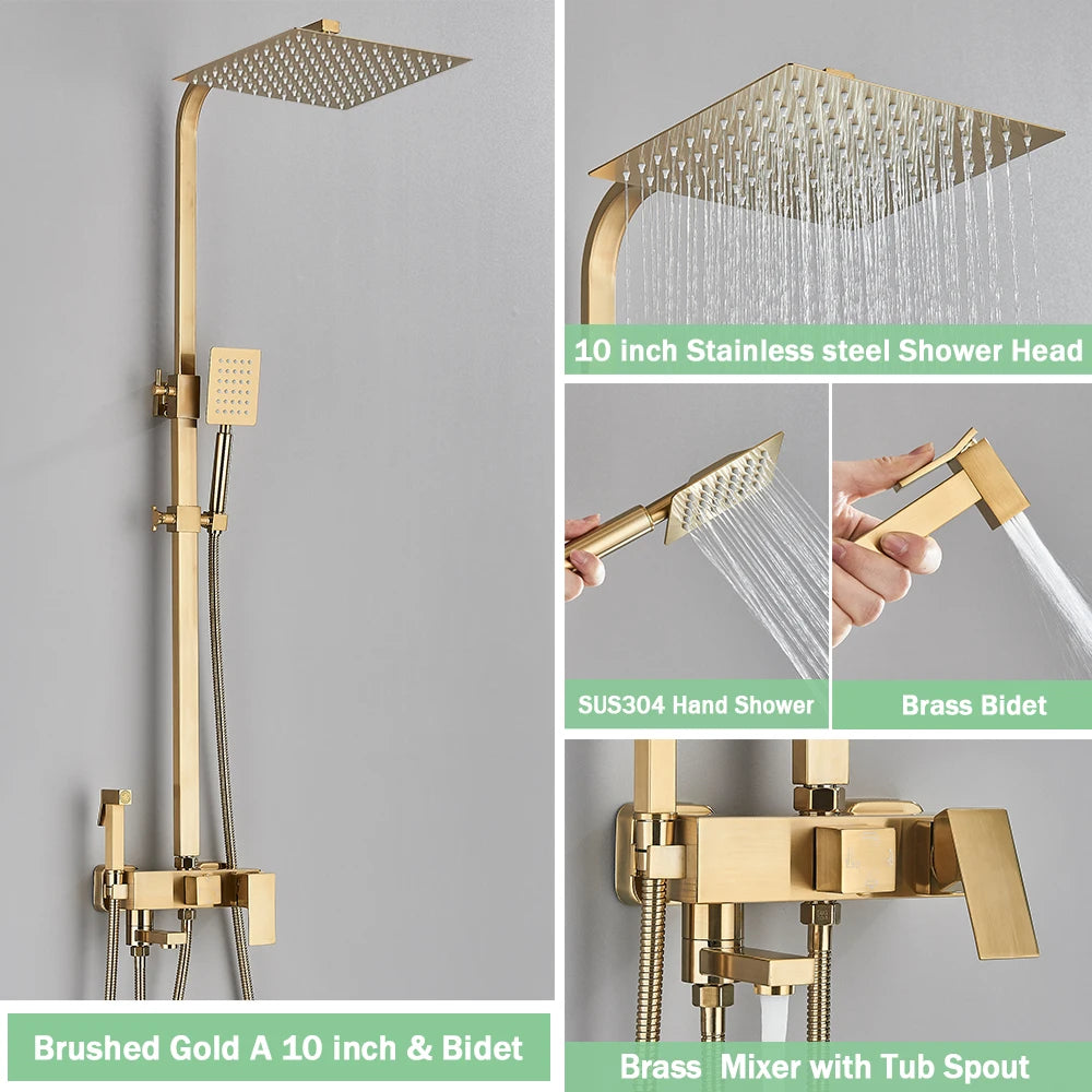 Rozin Ensemble Douche Pluie Mural Noir – Avec Bidet, Étagère & Bec Baignoire | Système Complet Laiton