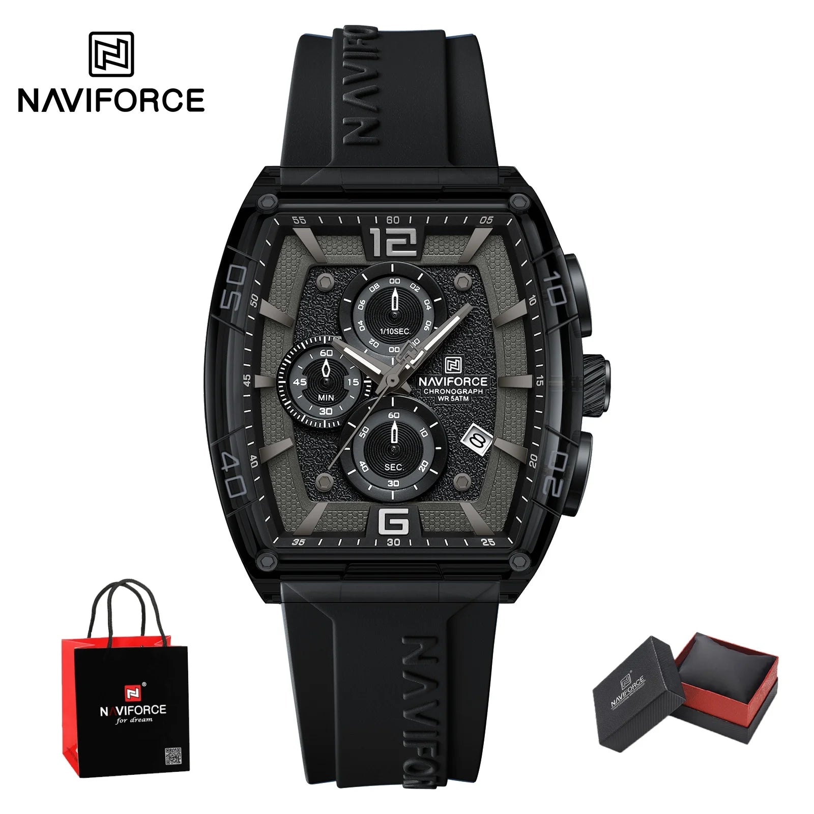 Montre Homme NAVIFORCE Luxe Sport Étanche Bracelet Silicone Quartz Lumineux Chronographe Coffret Cadeau Inclus | Montre NAVIFORCE Chronographe Sport Luxe Premium