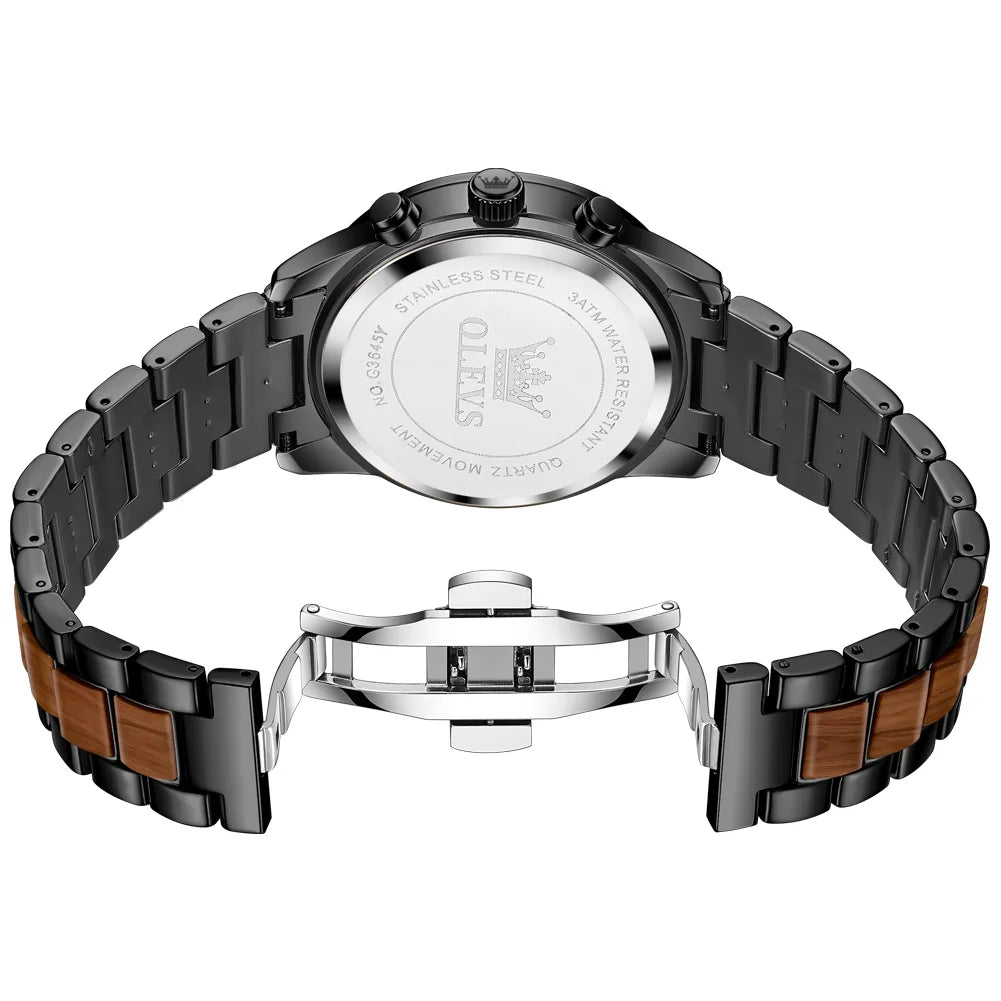 Montre Homme OLEVS Luxe Quartz – Bracelet Acier & Bois Santal Rouge Lumineux Étanche Calendrier