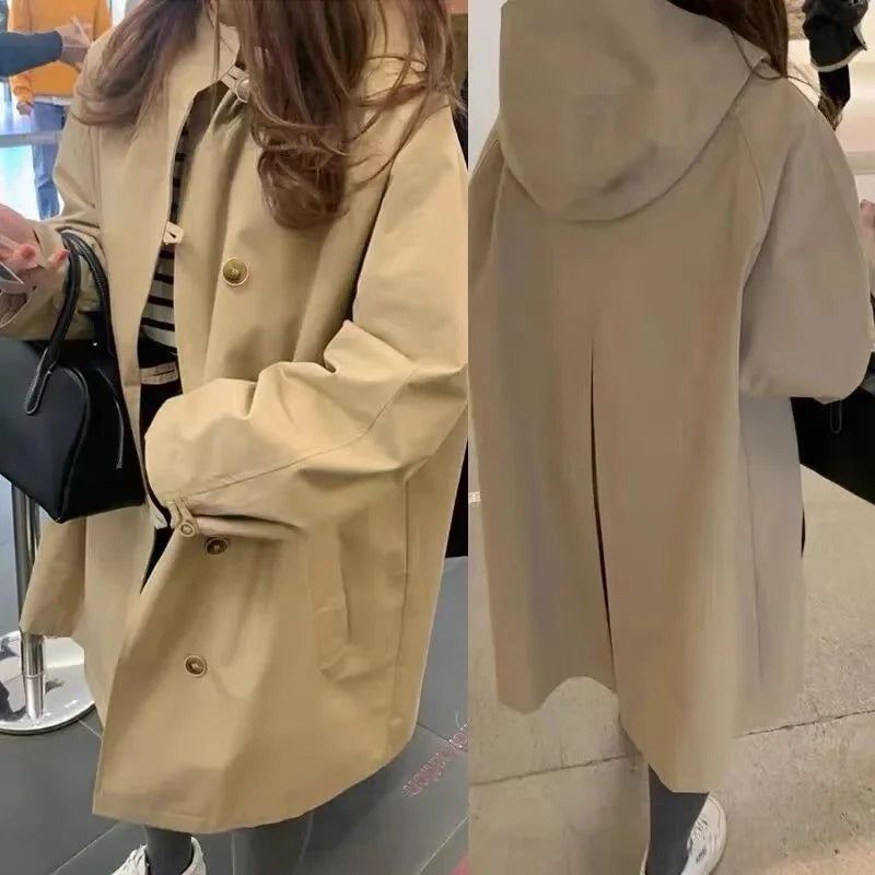 Coupe-Vent Femme À Capuche Loose Doublé Manches Longues – Veste Trench Casual Chic Printemps Automne | Mode Tendance